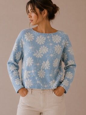 Rachel Zoe Blue and White Floral Long Sleeve Sweater Size XL